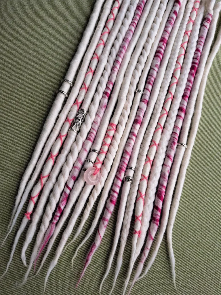 White and pink merino wool dreadlocks