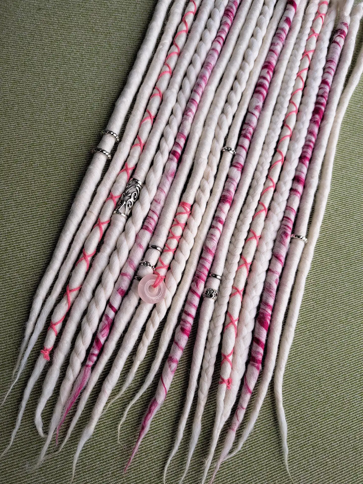 White and pink merino wool dreadlocks